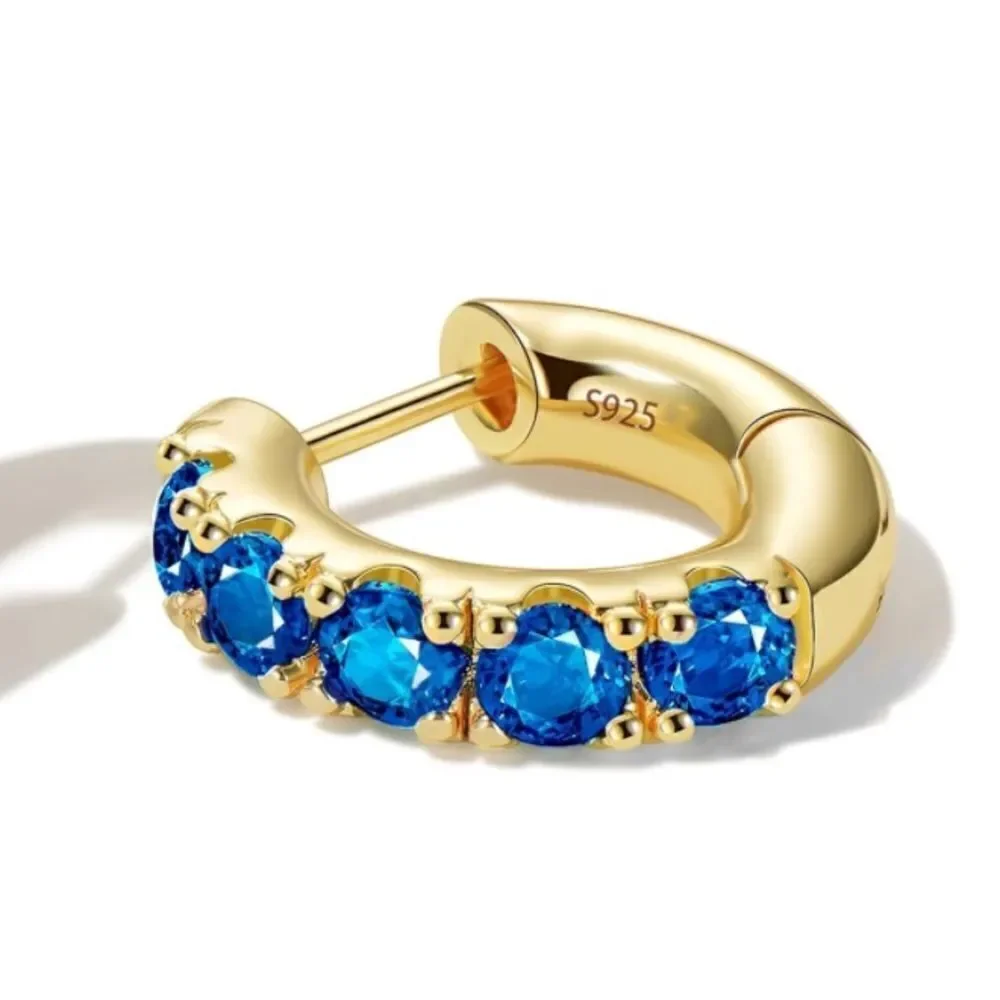 14K Yellow Gold 925 Sterling Silver Blue Sapphire Cubic Zirconia Huggie Earrings